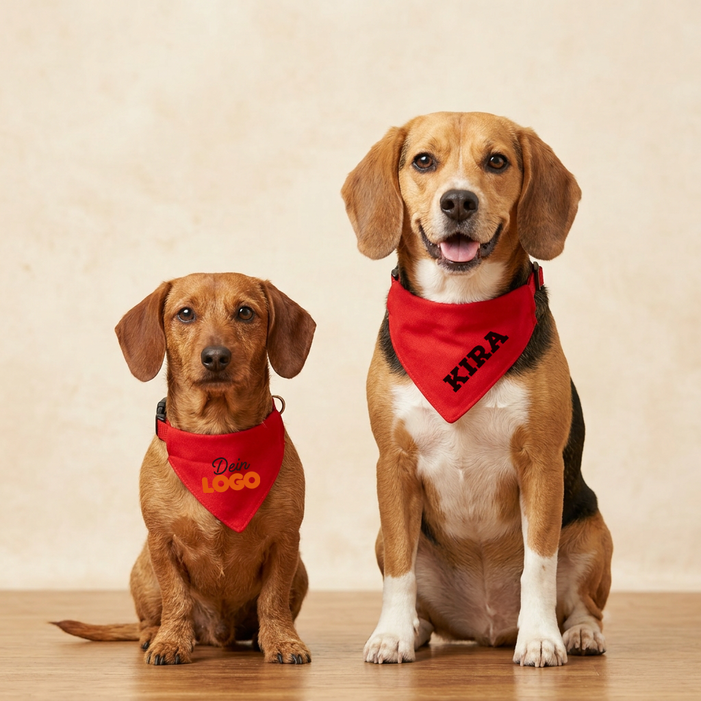 Zwei Hunde mit roten Bandanas, einer mit „Dein LOGO“ und der andere mit „KIRA“, sitzen auf einem Holzboden.