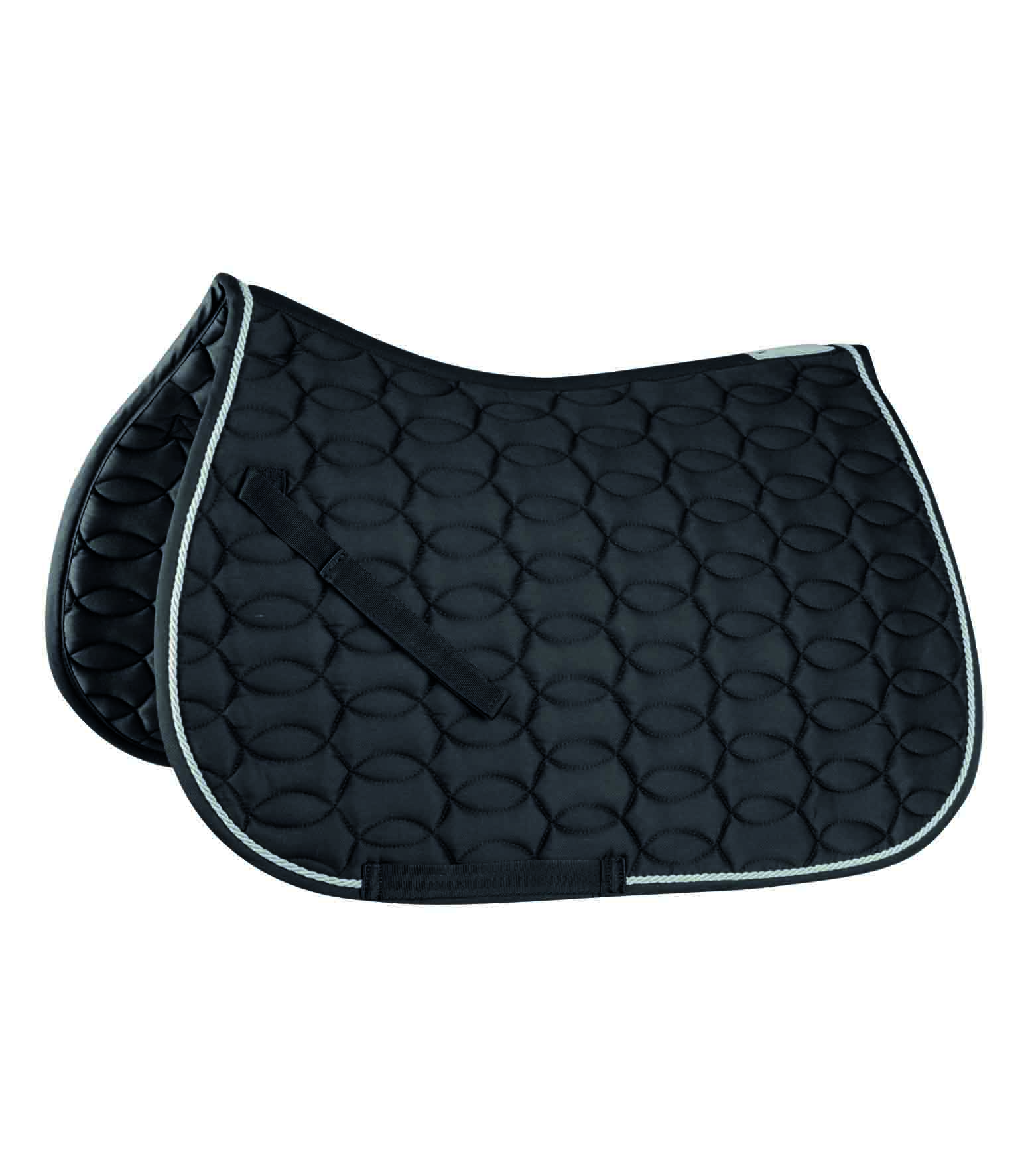 Schwarze gesteppte Schabracke mit strukturiertem Design und kontrastierendem Besatz, ideal für Reitsportaktivitäten.