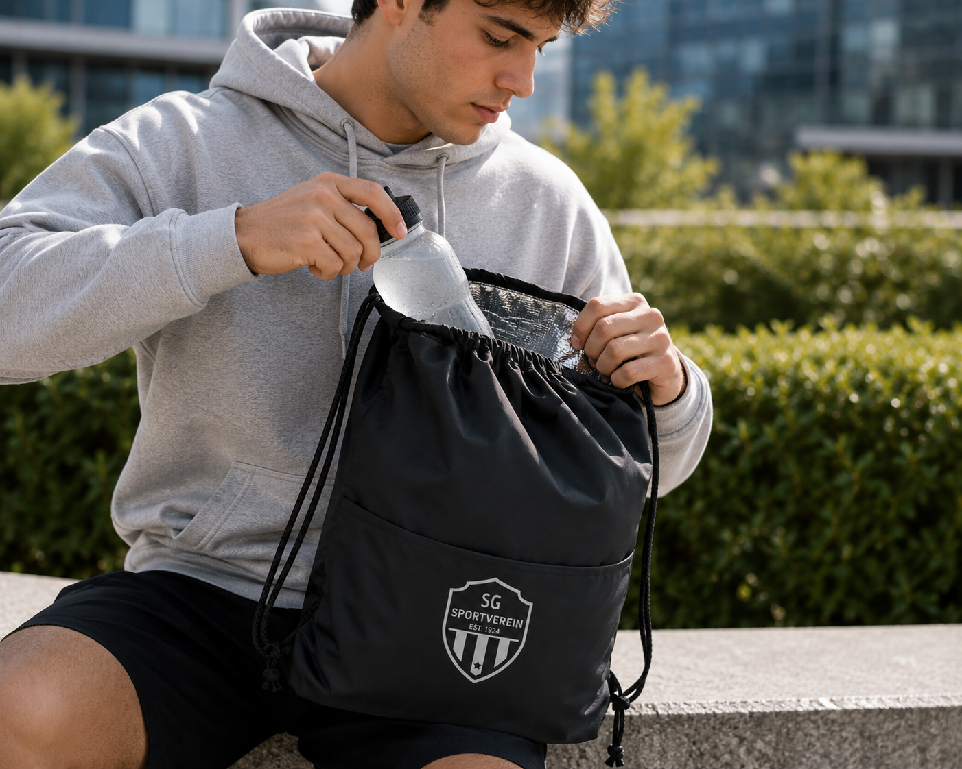Ein Mann im grauen Kapuzenpulli packt eine Wasserflasche in eine schwarze Kühltasche mit Kordelzug und weißem SG-Sportverein-Logoaufdruck.
