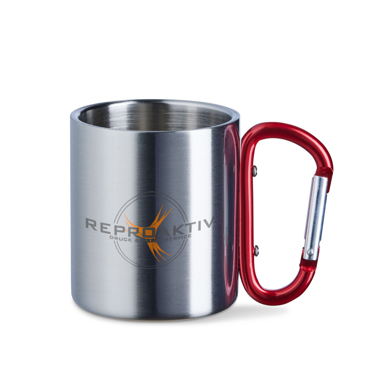Edelstahltasse mit Karabiner inkl. Druck