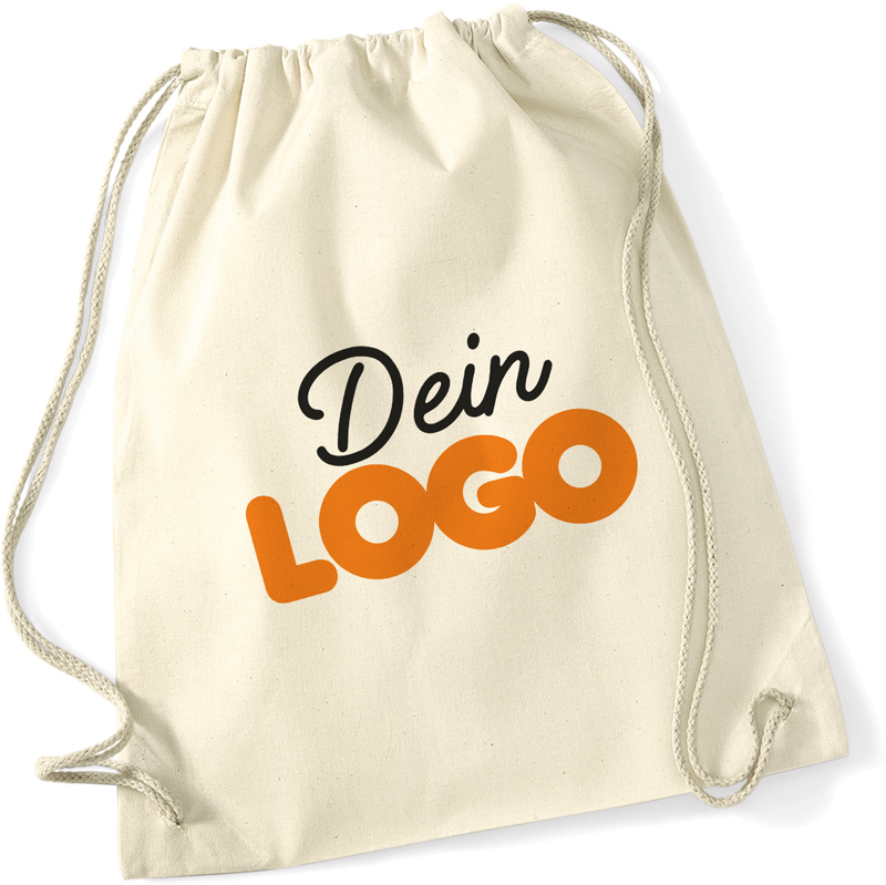 Werberucksack mit Kordelzug aus natürlicher Baumwolle mit individuellem Logodruck. Perfekte personalisierte Tasche für Werbegeschenke, Veranstaltungen oder umweltfreundliche Markenwerbung.