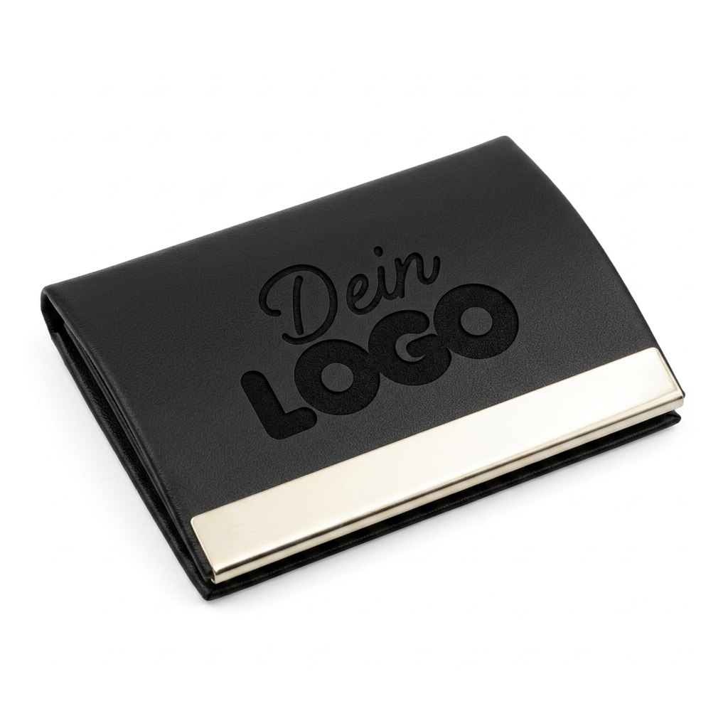 Eleganter schwarzer Visitenkartenhalter mit individueller Logogravur und eleganten silbernen Akzenten für den professionellen Einsatz.