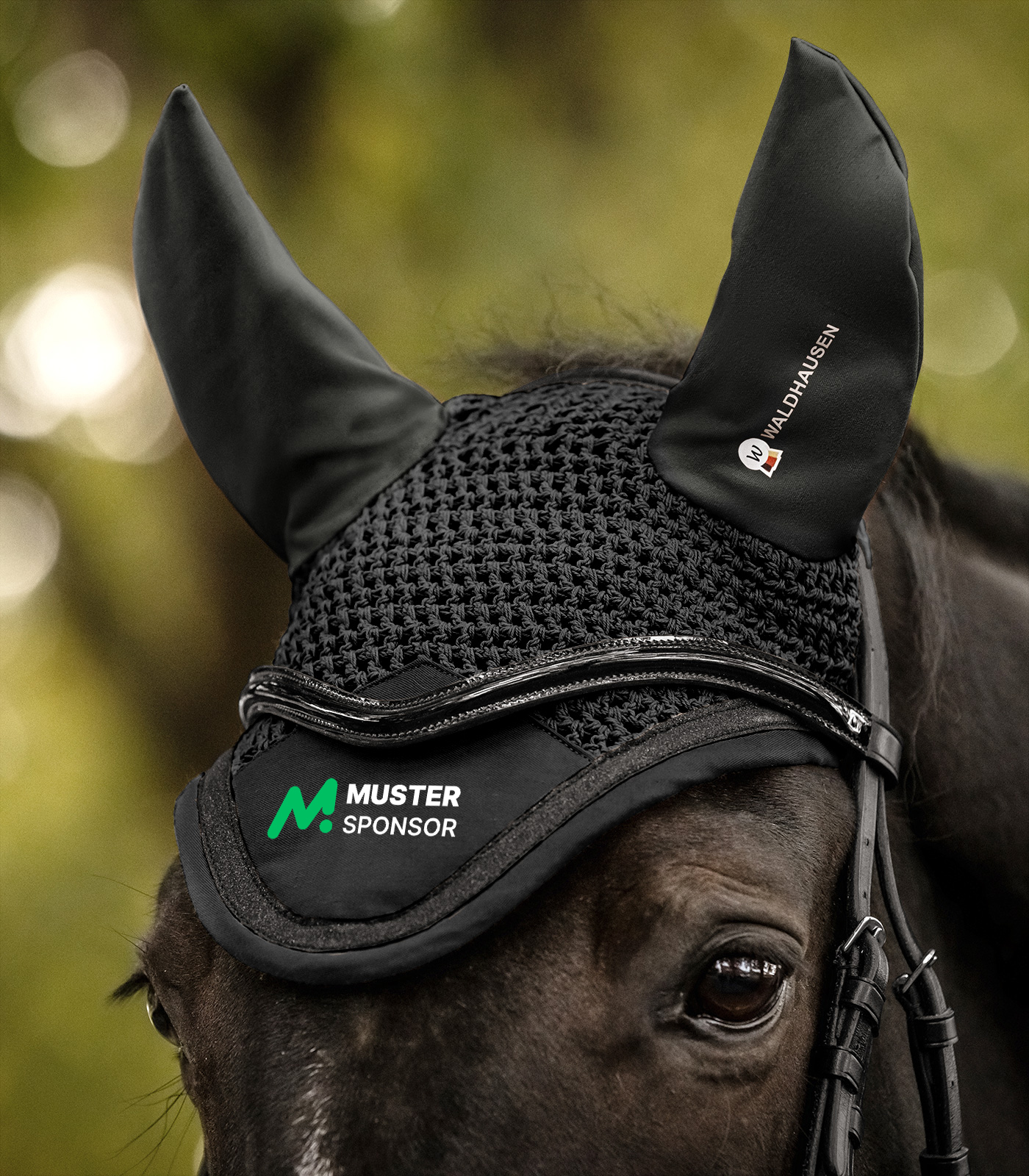 Schwarze Ohrenhaube für Pferde mit Logo „MUSTER SPONSOR“ und stilvollem Design, perfekt für Reitveranstaltungen.