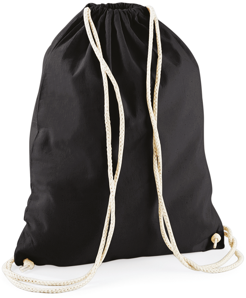 Ein schwarzer Rucksack mit Kordelzug und weißen Seilriemen, ideal für Fitnessstudio, Reisen oder Schule. Die Tasche im minimalistischen Design ist leicht und vielseitig.