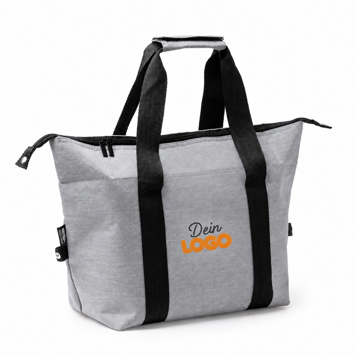 Faltbare graue RPET-Kühltasche mit schwarzen Griffen, isoliertem Hauptfach und anpassbarem Logo-Platz auf der Vorderseite.