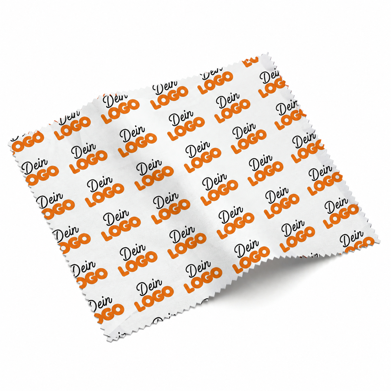 Weißes Mikrofaser-Reinigungstuch mit einem sich wiederholenden orange-schwarzen individuellen Logo-Aufdruck, ideal für Werbe-Branding.