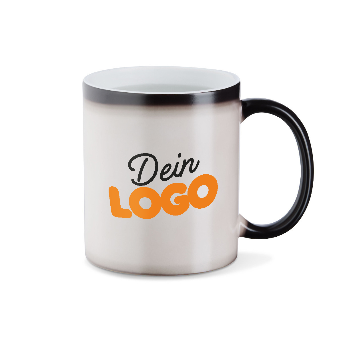 Anpassbare Keramiktasse mit schwarzem Henkel und dem Text „Dein Logo“ in schwarzer und oranger Schrift.