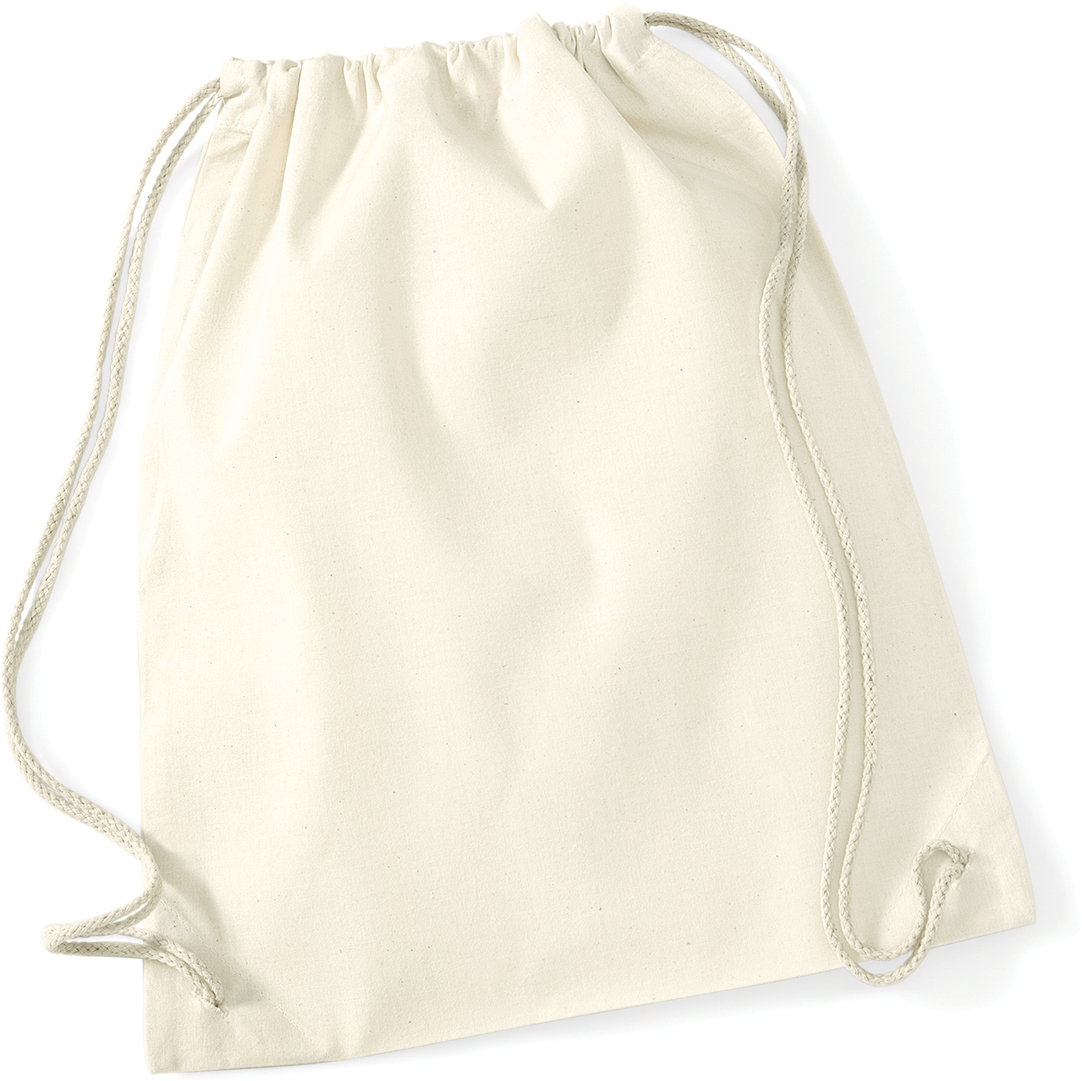 Bild eines leeren Rucksacks mit Kordelzug aus naturfarbener Baumwolle. Das schlichte Design und die neutrale Farbe machen es ideal für die individuelle Gestaltung und verschiedene Verwendungszwecke wie Fitnessstudio, Reisen und Basteln.