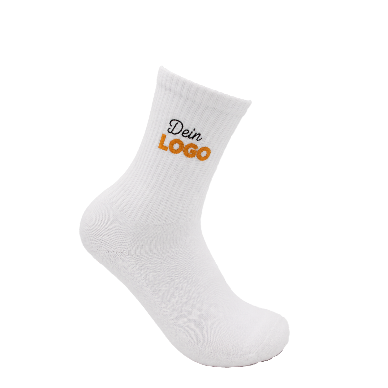Eine weiße Werbe-Crew-Socke mit dem Text Dein Logo in Schwarz und Orange, ideal für individuelle Markenartikel.