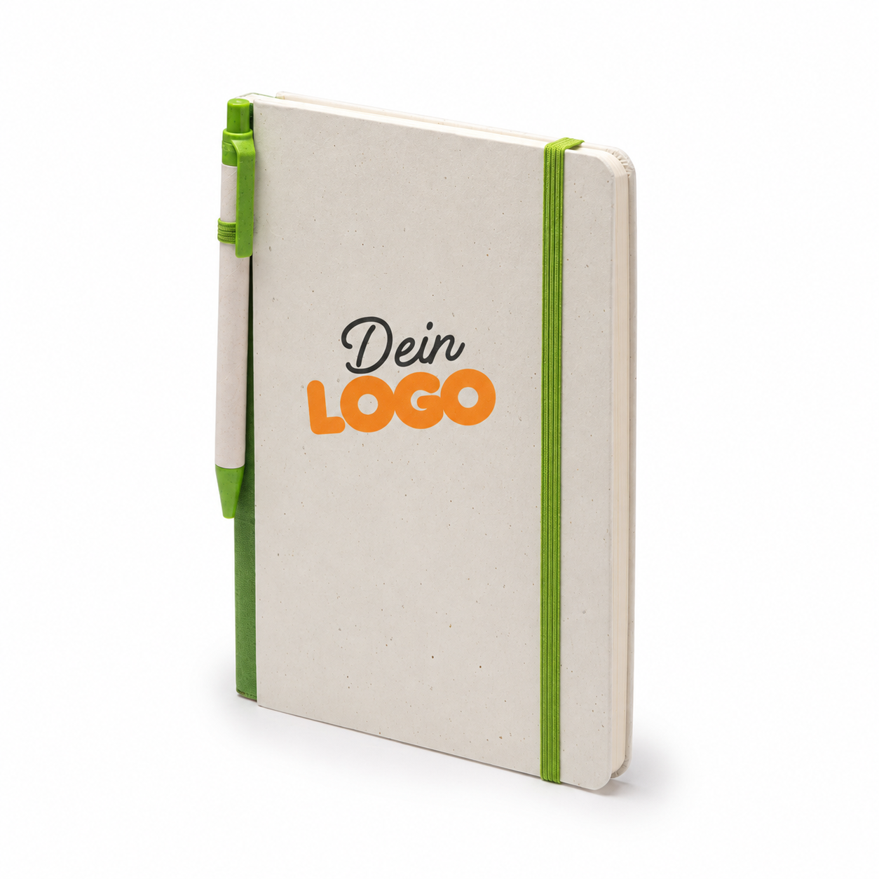 A5-Notizbuch aus recycelten Milchkartons in Oasis Green mit passendem Stift und anpassbarem Logobereich.