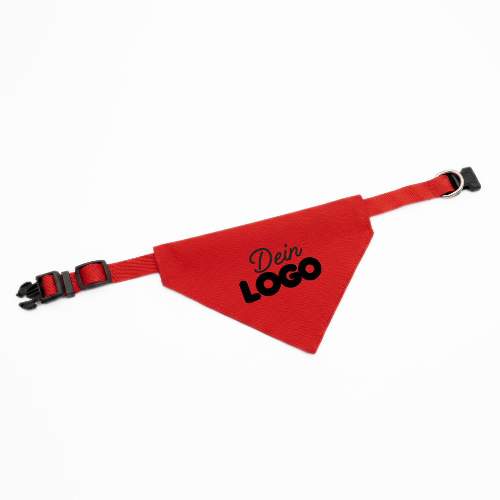 Rotes Haustier-Bandana mit anpassbarem Logo für Branding- und Werbezwecke.