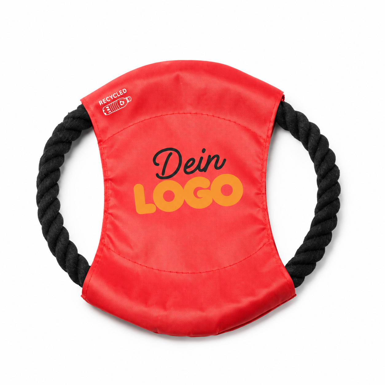 Roter RPET-Hundefrisbee mit schwarzem Baumwollseil, mit anpassbarem Logobereich, isoliert auf weißem Hintergrund.