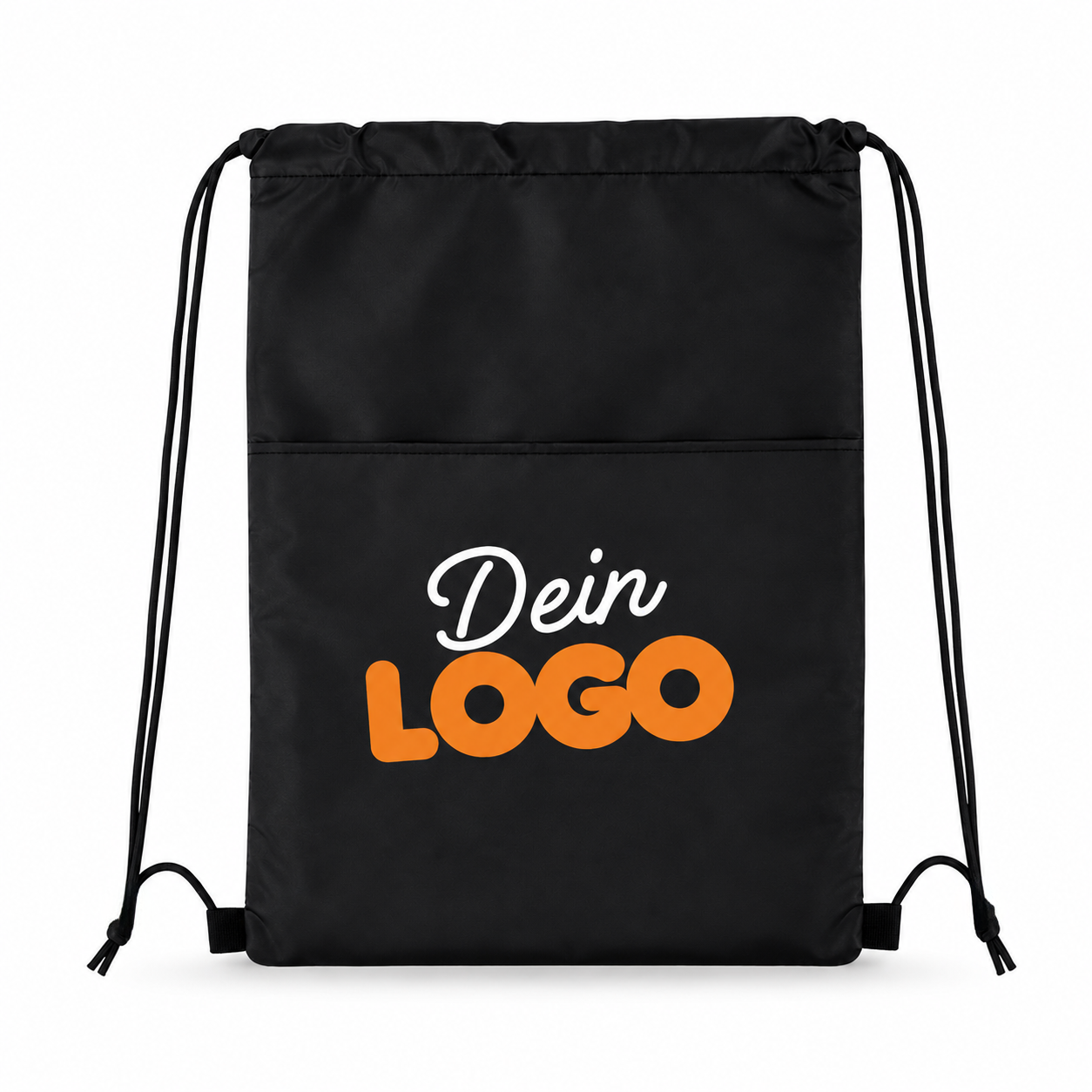 Ein schwarzer Rucksack mit Kordelzug und weißem und orangefarbenem Text mit der Aufschrift Dein LOGO, perfekt für individuelles Werbe-Branding.